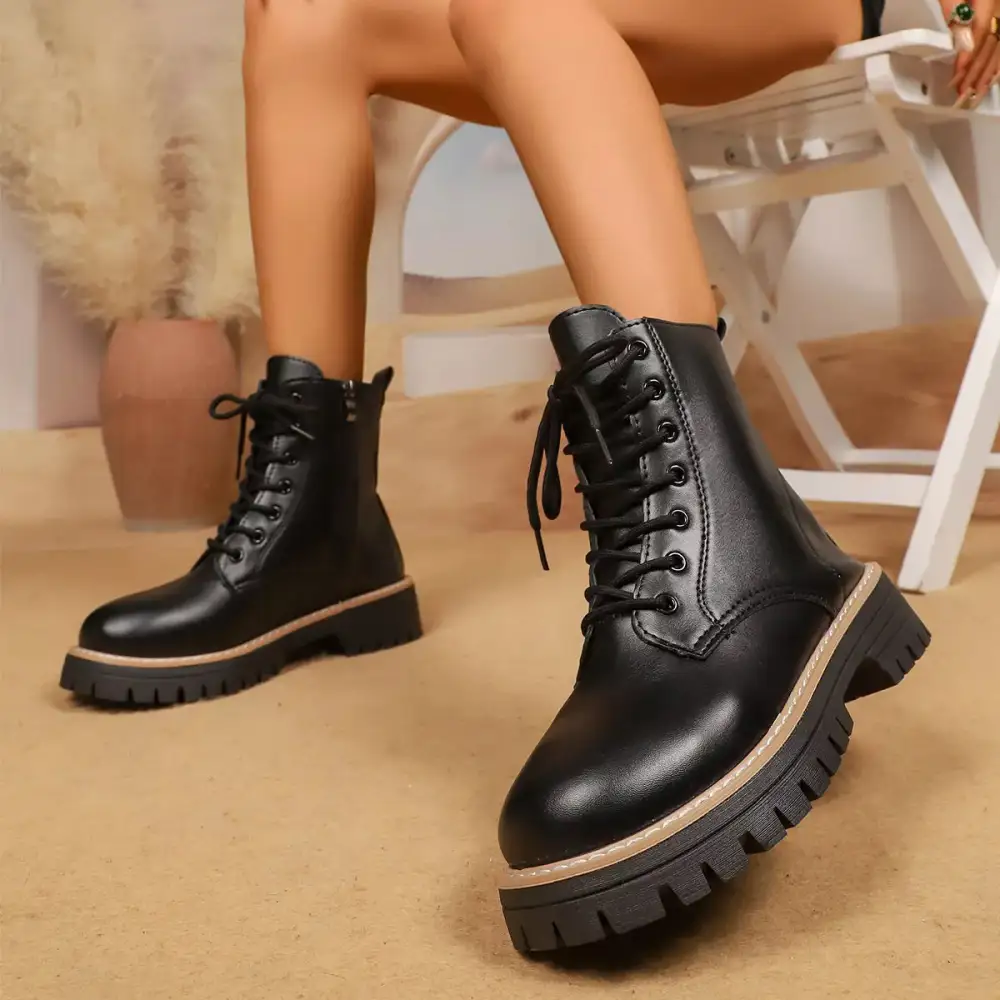 Textured Lace-Up Platform Boots