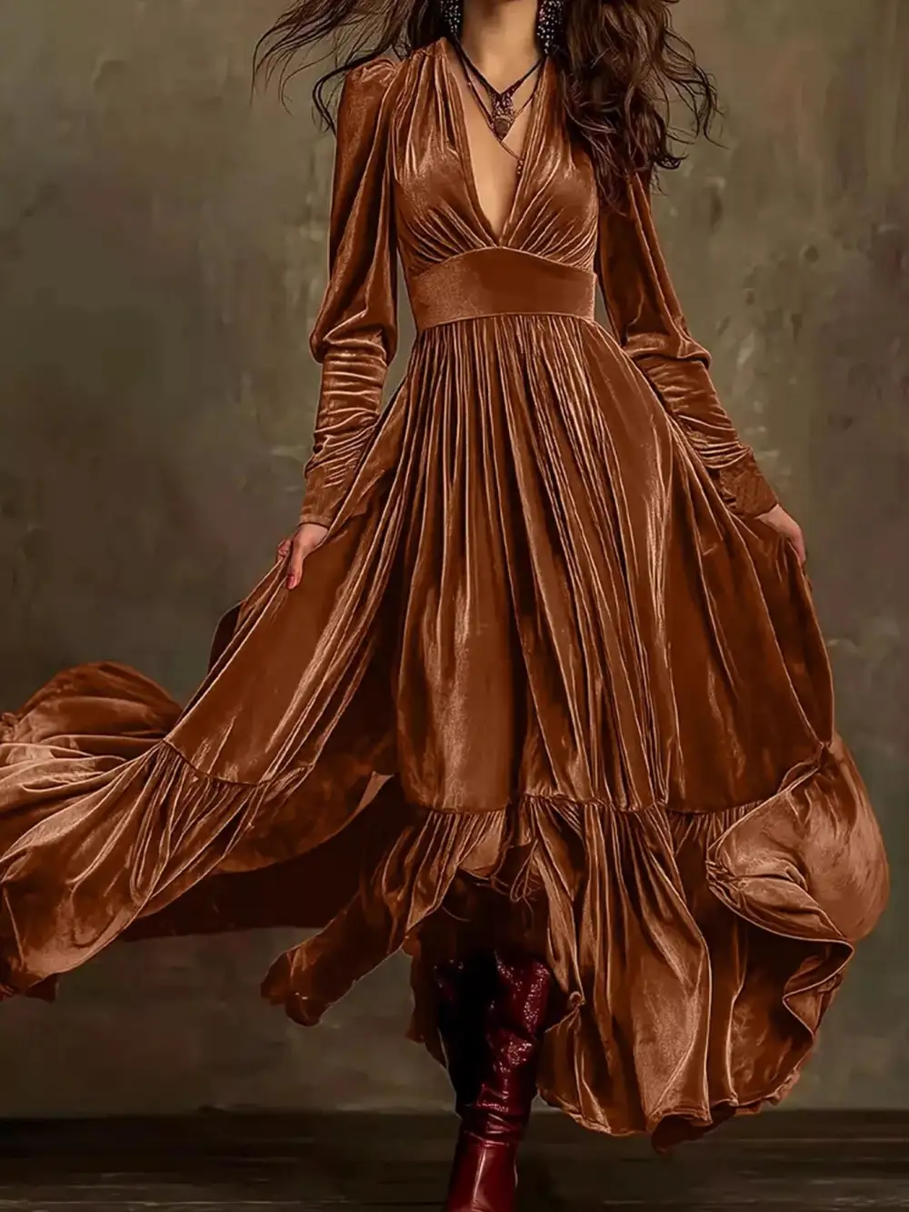 Velvet V Neck Ruffle Dress Casual