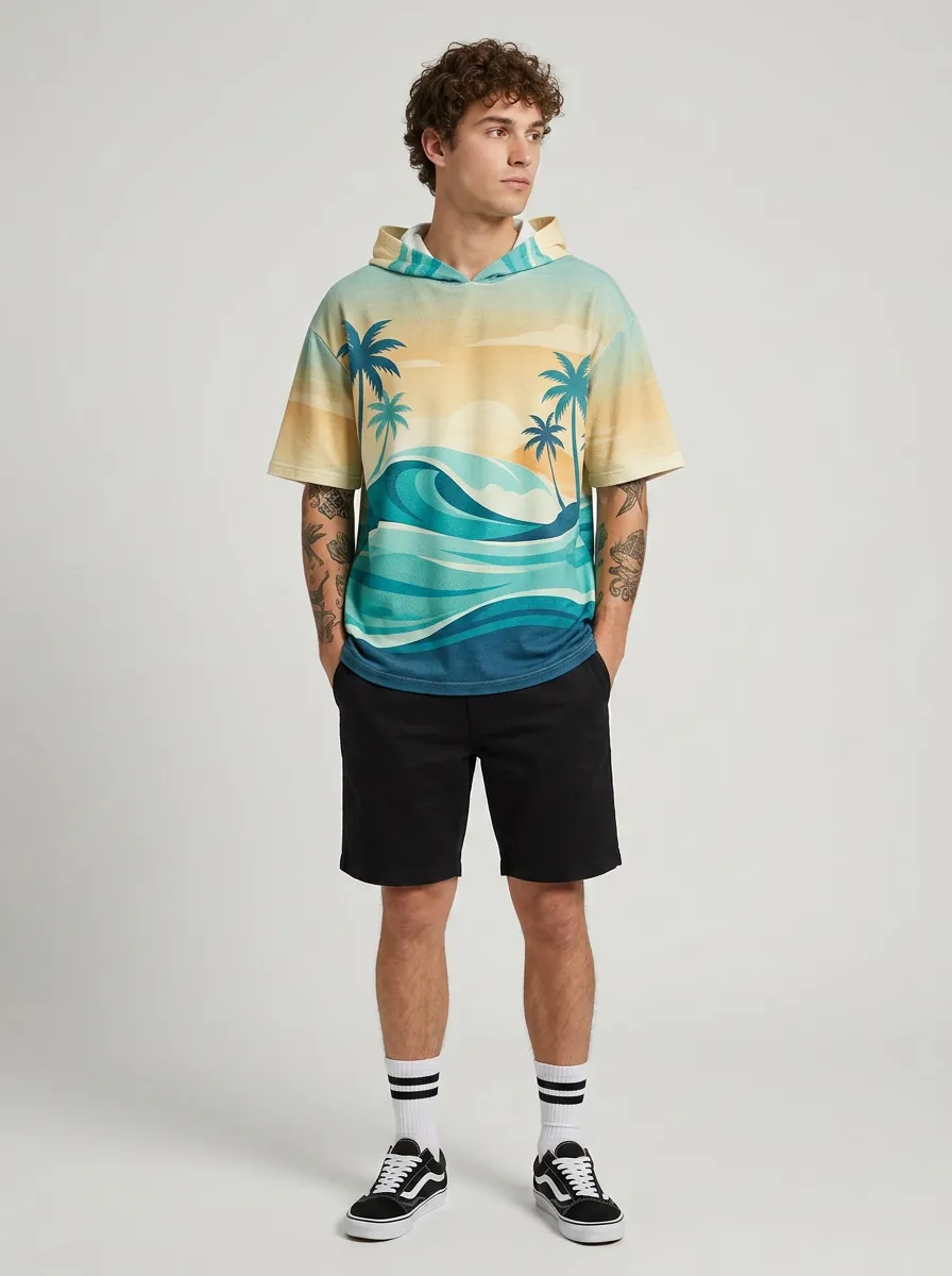 Men's Beach Lover Tropical Ocean Wave Printed Hoodie T-shirt