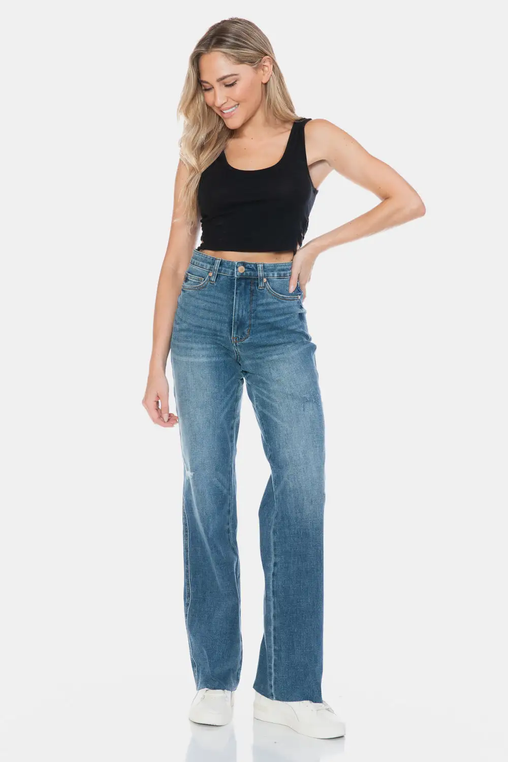Tummy Control Cut Raw Hem Straight Denim Jeans