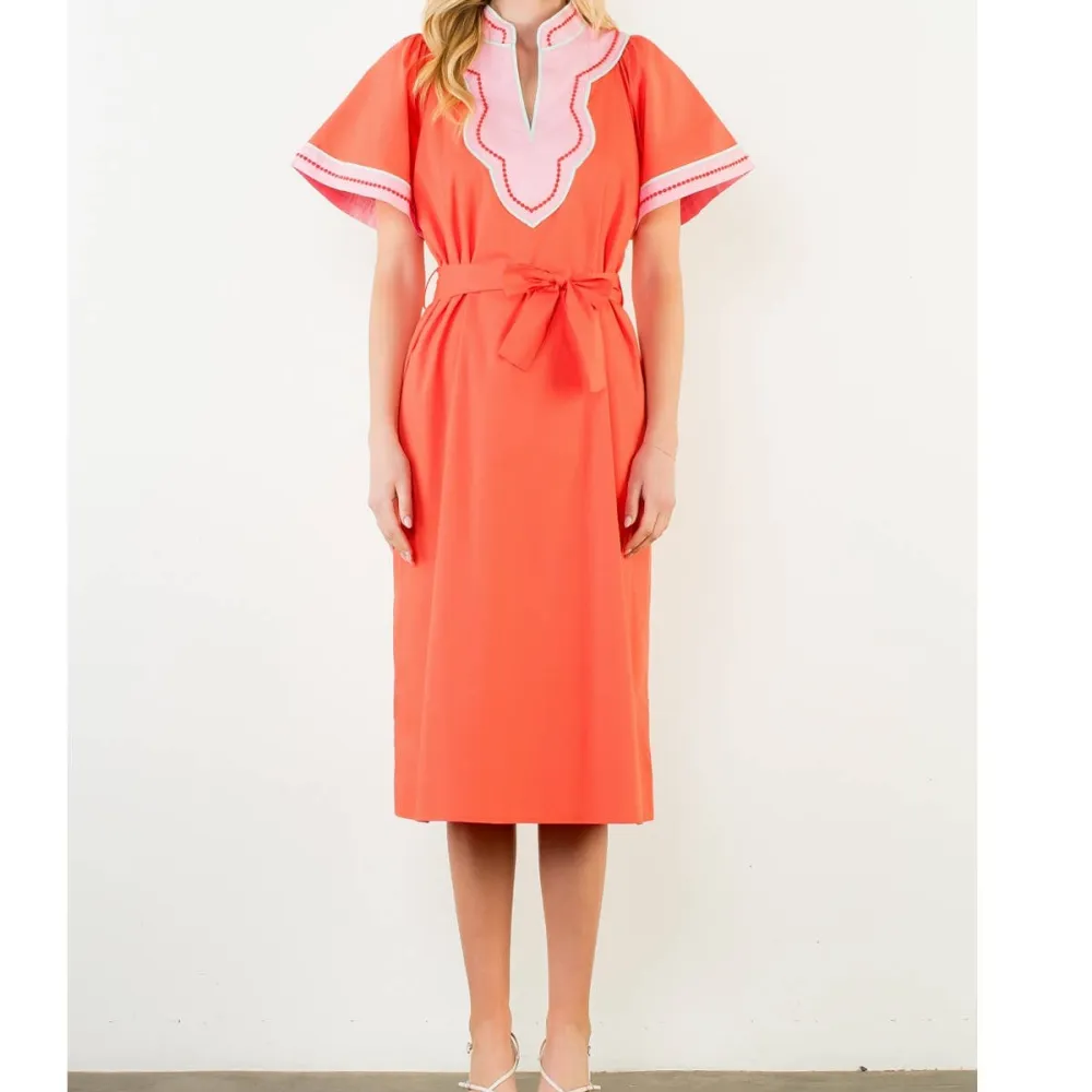 V Neck Belted Short Sleeve Dress