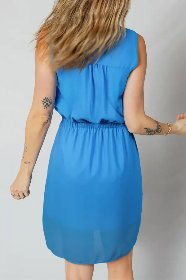 Half Buttons Collared Elastic Waist Sleeveless Shirt Dress