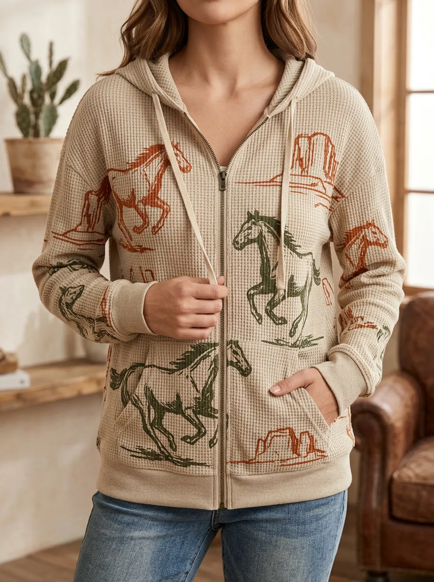 Women's Western Horse Desert Signature Graphic Waffle Zip-Up Hoodie