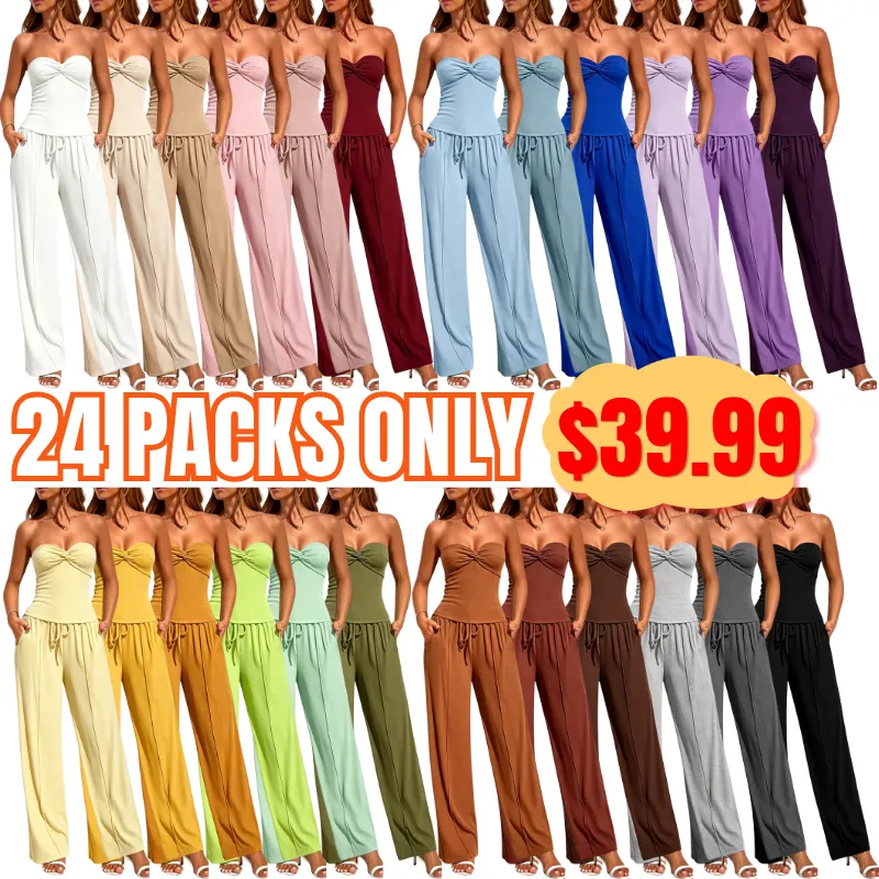Ribbed Strapless Twist Knot Tube Top Pants Set