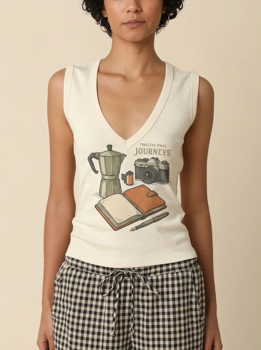 Women's Travel Hobbyist Camera Coffee Journal Printed Tank Top