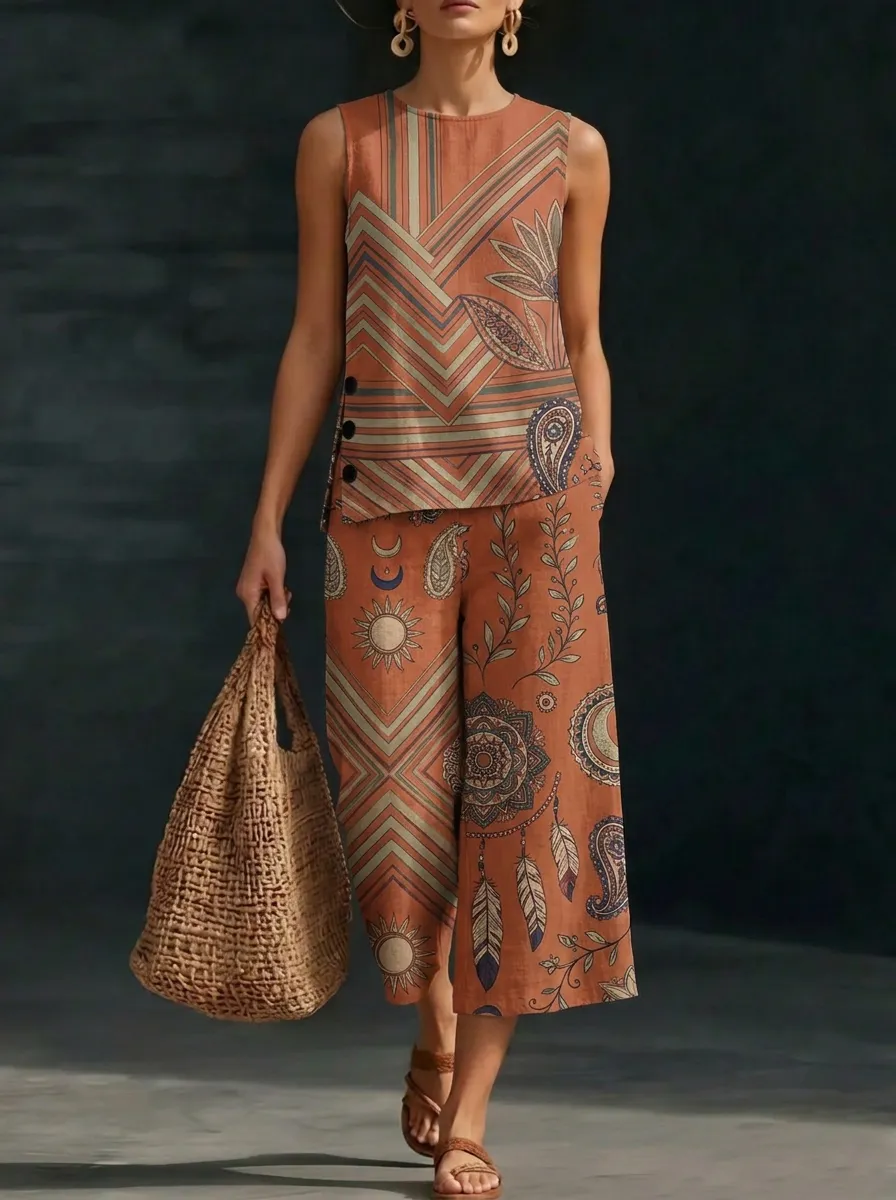Women's Boho Sun Moon Mandala Printed Sleeveless Set
