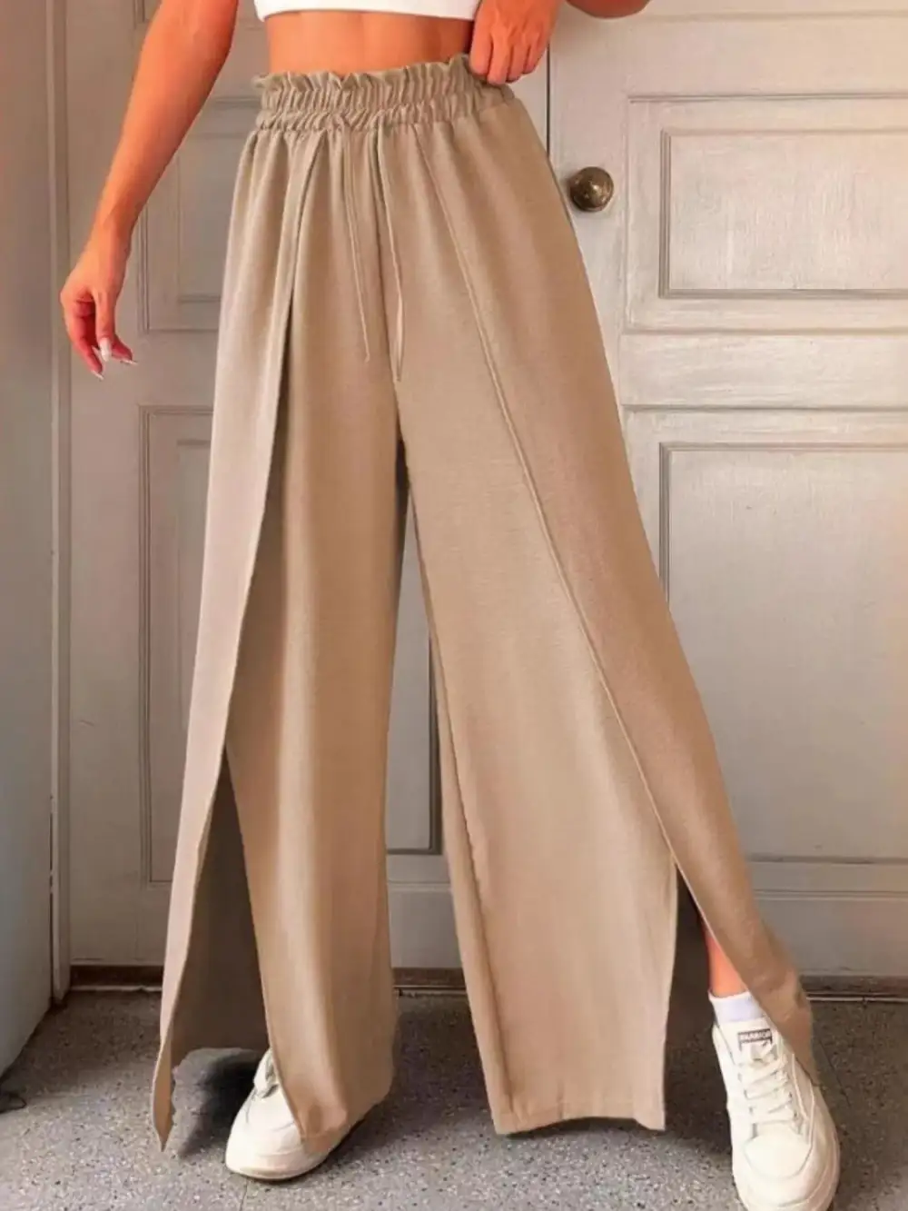 Wide Leg Slit Detail Ruffle Detail Everyday Pants