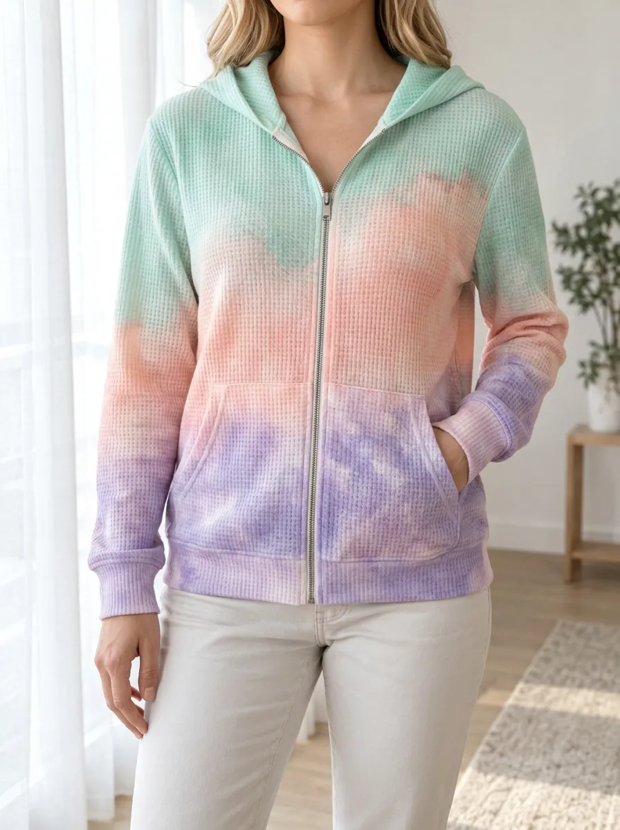 Women's Pastel Tie-Dye Waffle Knit Zip Up Hoodie