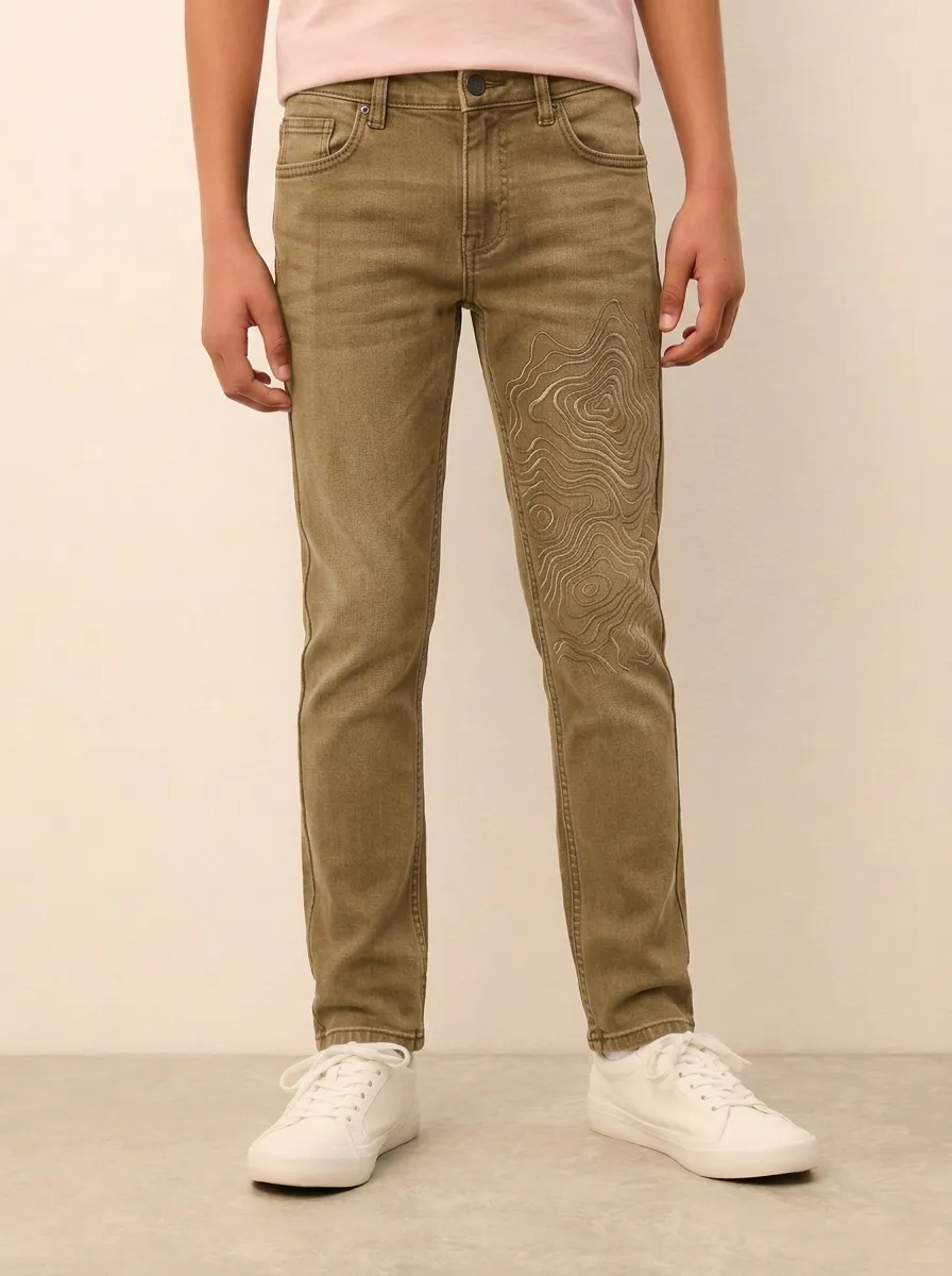 Men's Charcoal Grey Topographic Embroidered Slim Jeans