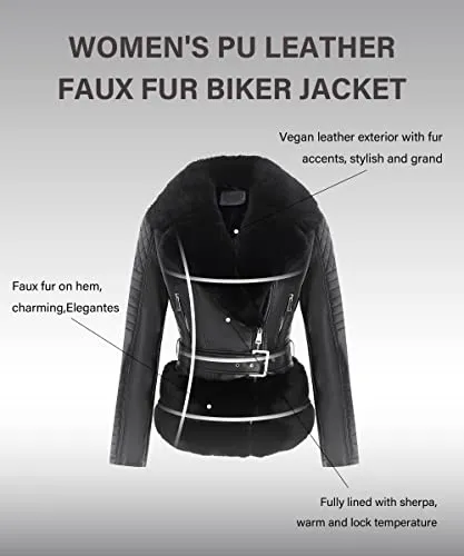 Women Faux Suede Leather Jacket Motorcycle Short Sherpa-Lined Coat with Removable Belt