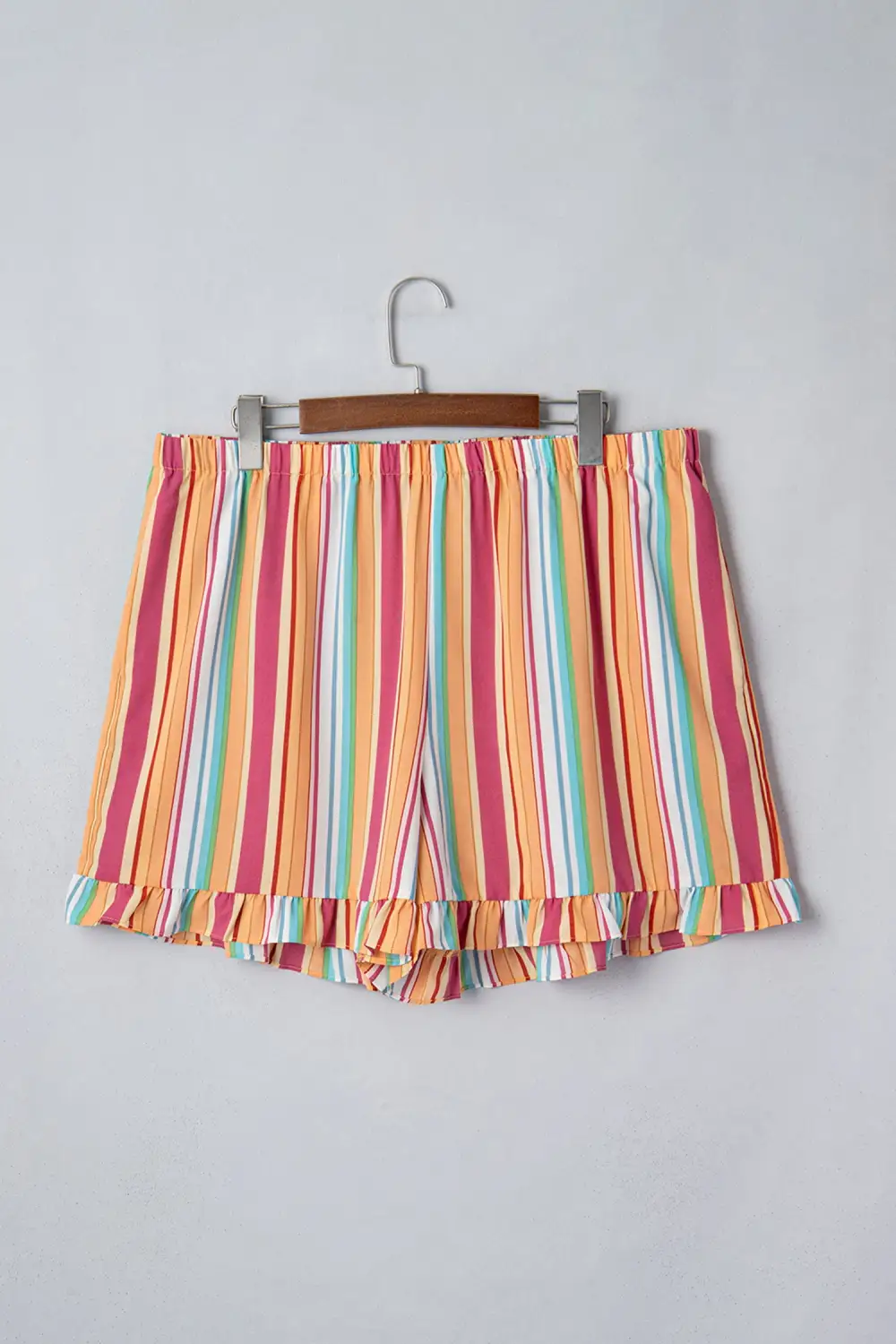High-Waist Elastic-Waist Ruffled Striped Casual Shorts