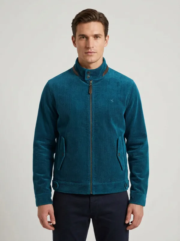 Men's Casual Navy Corduroy Stand Collar Zip-Up Jacket