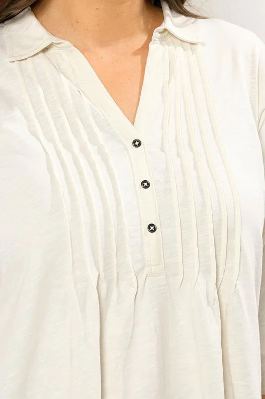 Cream Pintuck Henley Top detail 3
