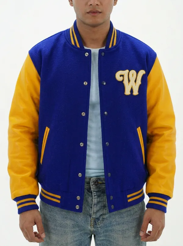Men's Letter W Navy & Yellow Wool Baseball Jacket