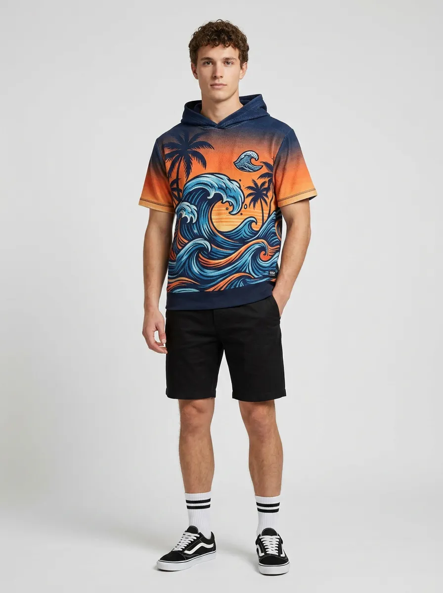 Men's Summer Beach Ocean Wave Palm Tree Printed Short Sleeve Hoodie