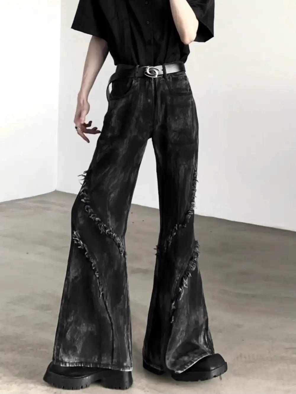 Flared Distressed Raw-Hem Jeans