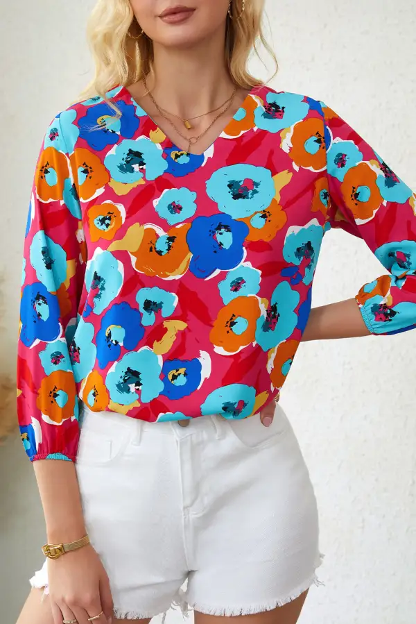 Floral Print V Neck Three Quarter Sleeve Blouse