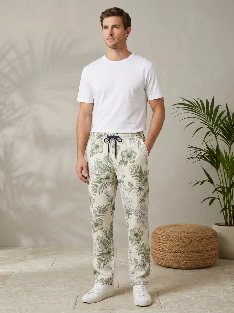 Men's Printed Palm Leaf Hibiscus Pants