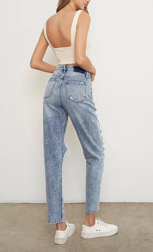 Stonewashed High Waist Ripped Boyfriend Jeans