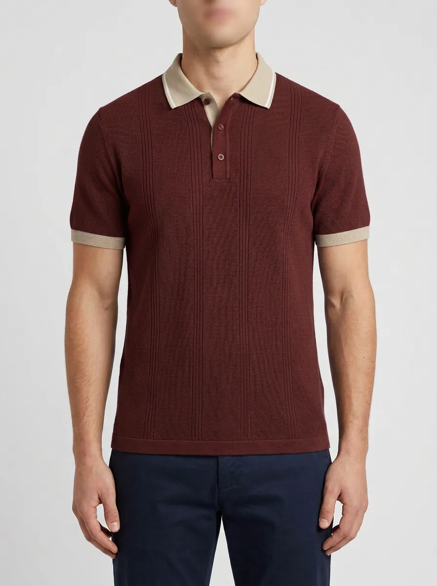 Men's Vintage Green Vertical Striped Knitted Polo Shirt
