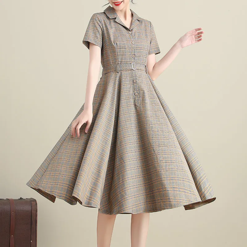 Plaid Linen Cotton Swing Notched Collar Short Sleeve Midi Dress