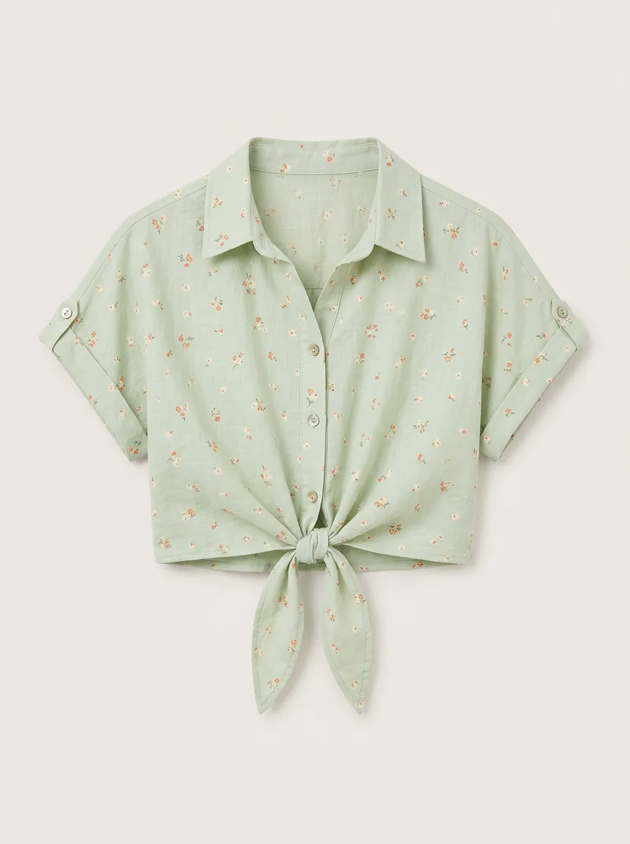 Women's Floral Pattern Sage Green Tie-Front Printed Top