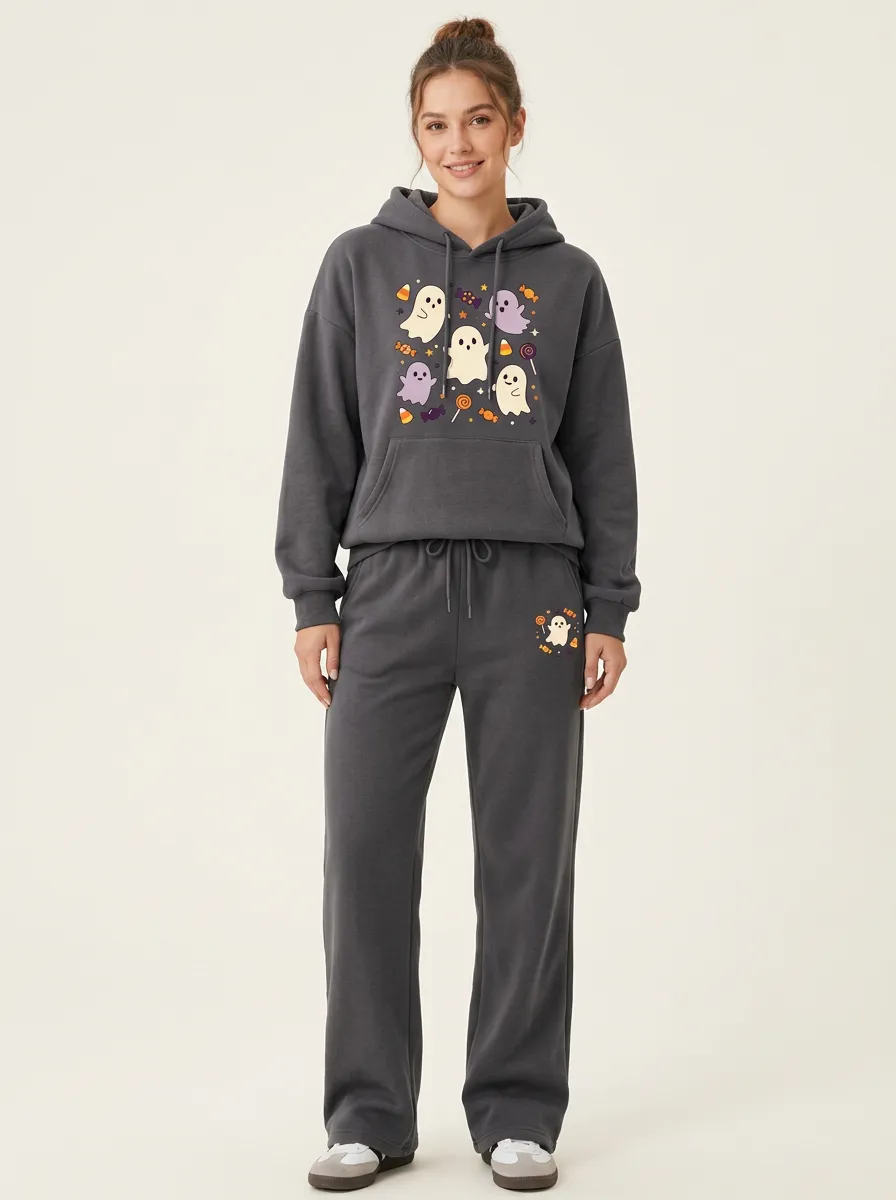 Women's Halloween Ghost Candy Printed Hoodie and Straight Leg Pants Set
