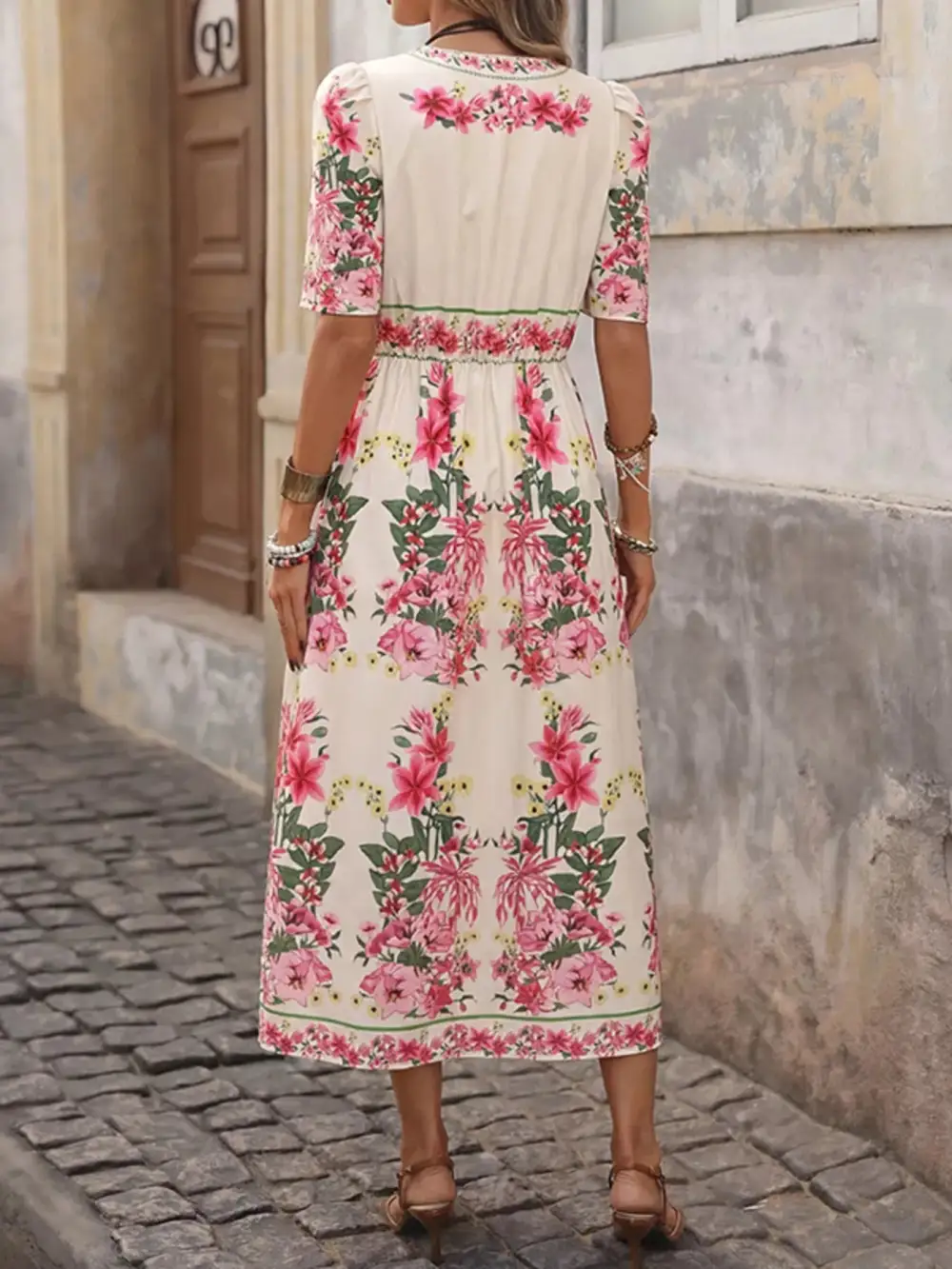 Floral Printed V Neck Midi Dress
