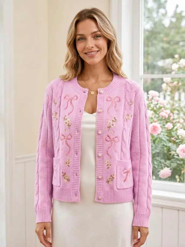 Women's Romantic Ribbon Bow Floral Embroidered Coquette Printed Cardigan