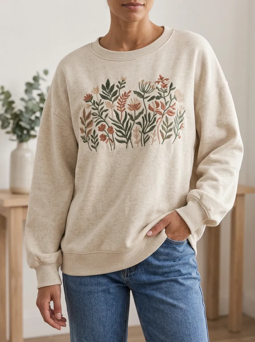Women's Artful Wildflower Embroidered Crewneck Sweatshirt