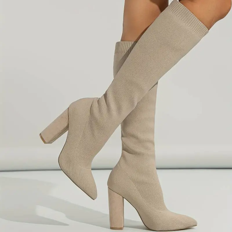 Knit Knee High Sock Boots High Heeled Stretch Boots  Outfits