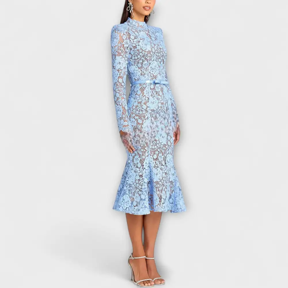 Floral Lace Belted Midi Dress