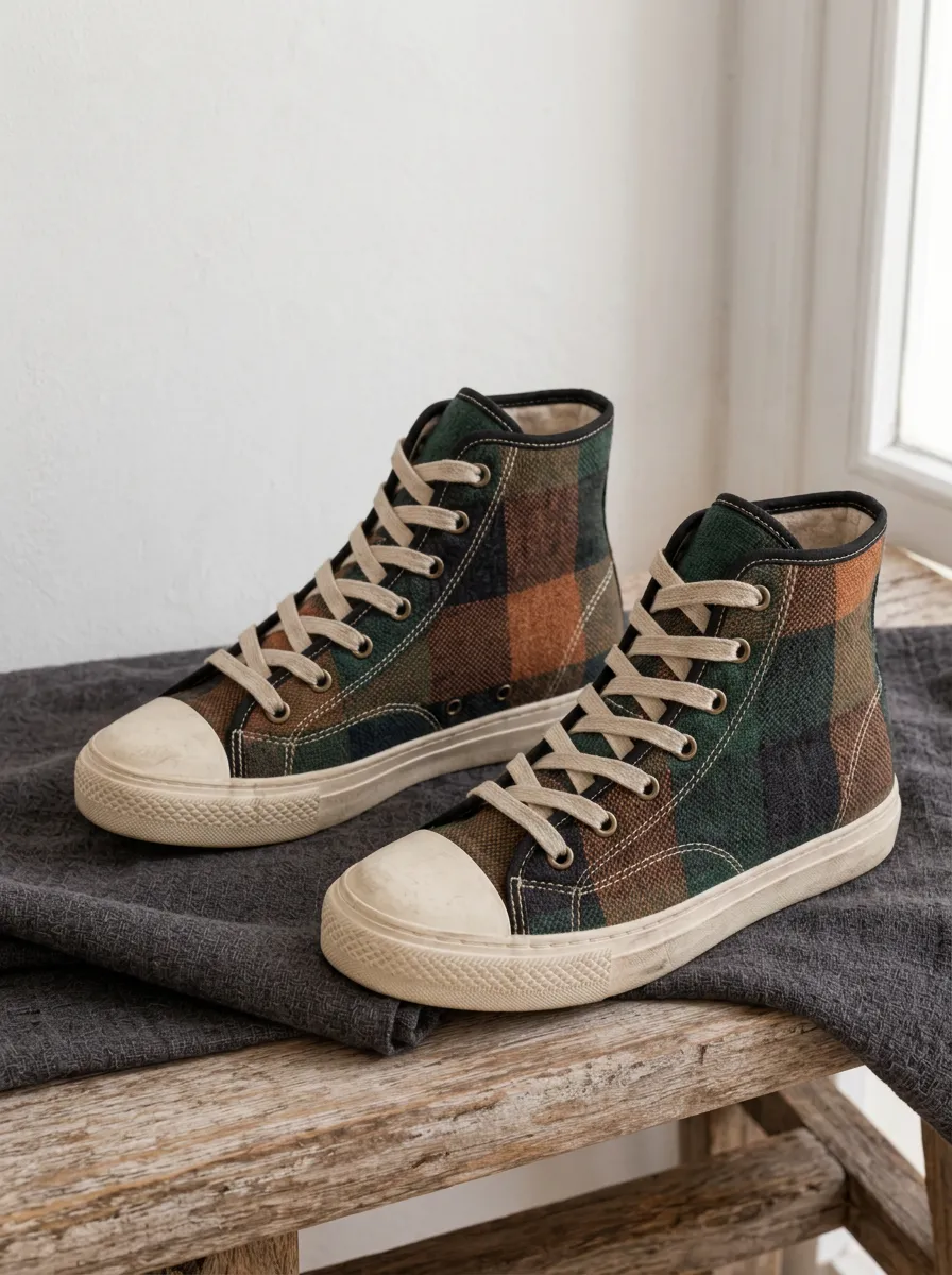 Men's Plaid Pattern Green Brown Printed Canvas High Top Shoes