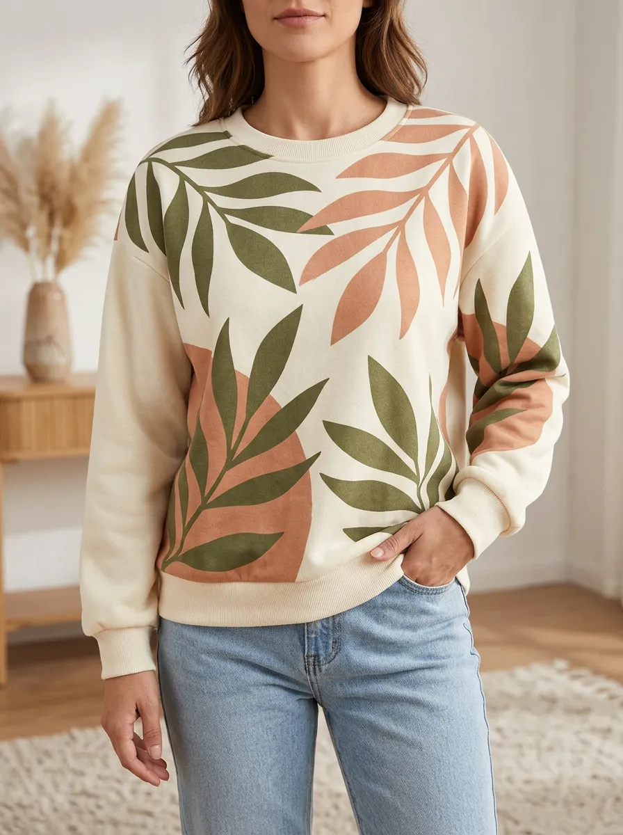 Women's Botanical Nature Lover Green Peach Leaf Printed Fleece Sweatshirt