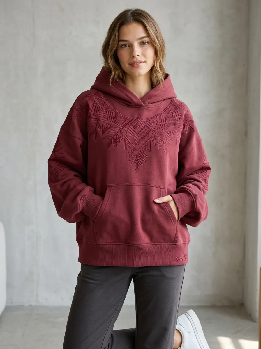Modern Casual Women's Leaf Boho Geometric Embroidered Hoodie