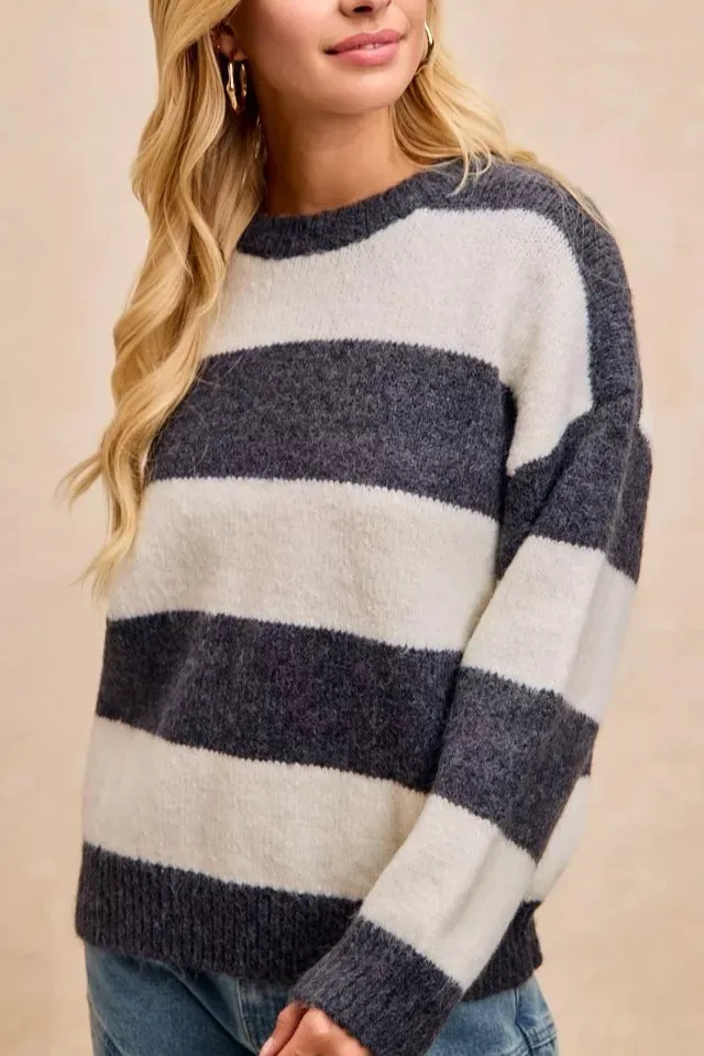 Wide Stripe Fuzzy Knit Round Neck Sweater