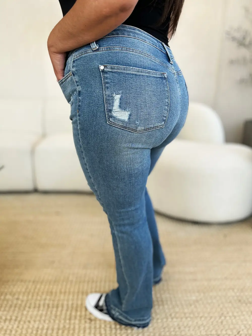 Washed Mid Rise Distressed Denim Jeans