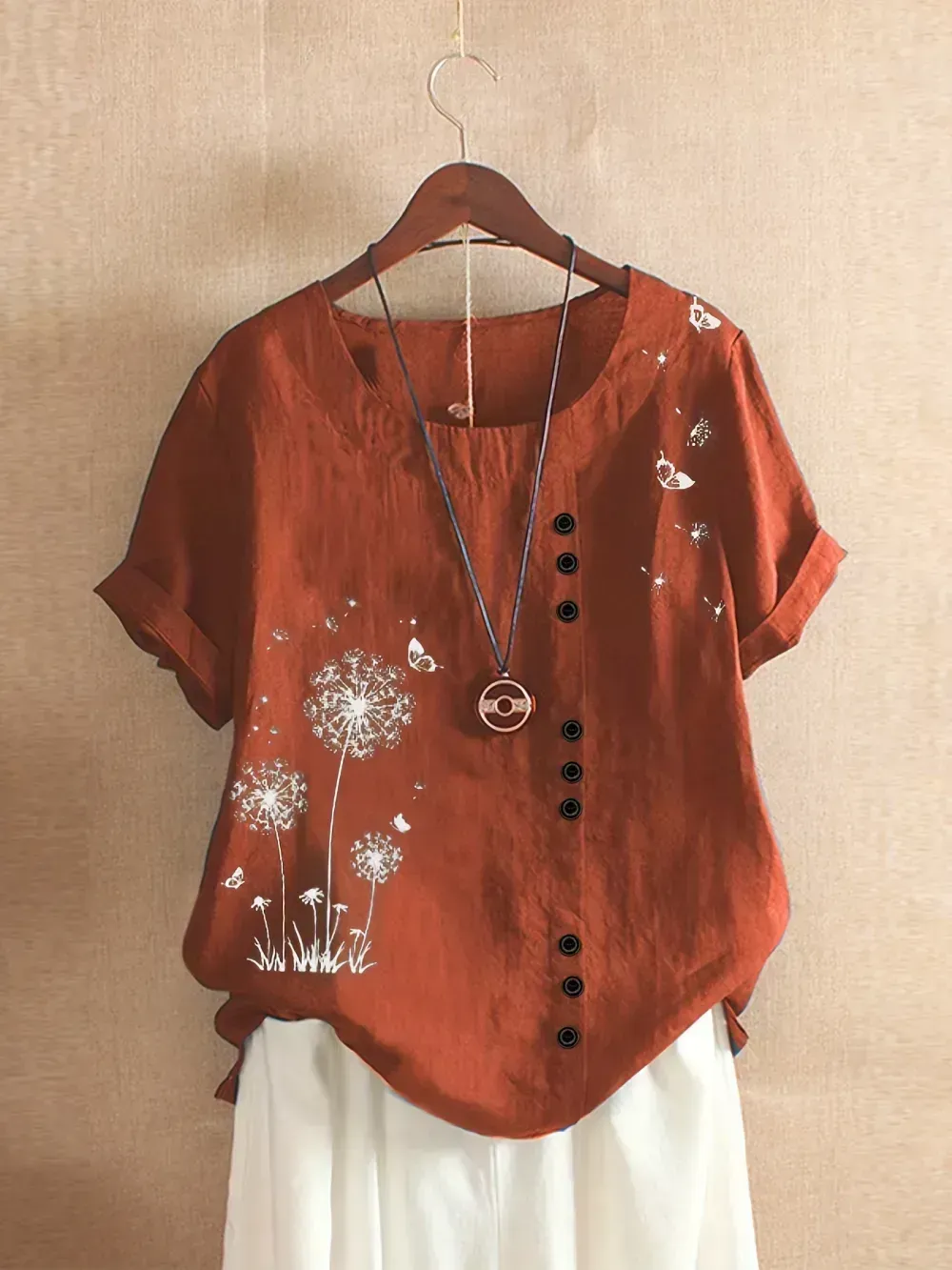 Women's Plus Dandelion Print Tee, Short Sleeve, Casual, Round Neck, Plus Size