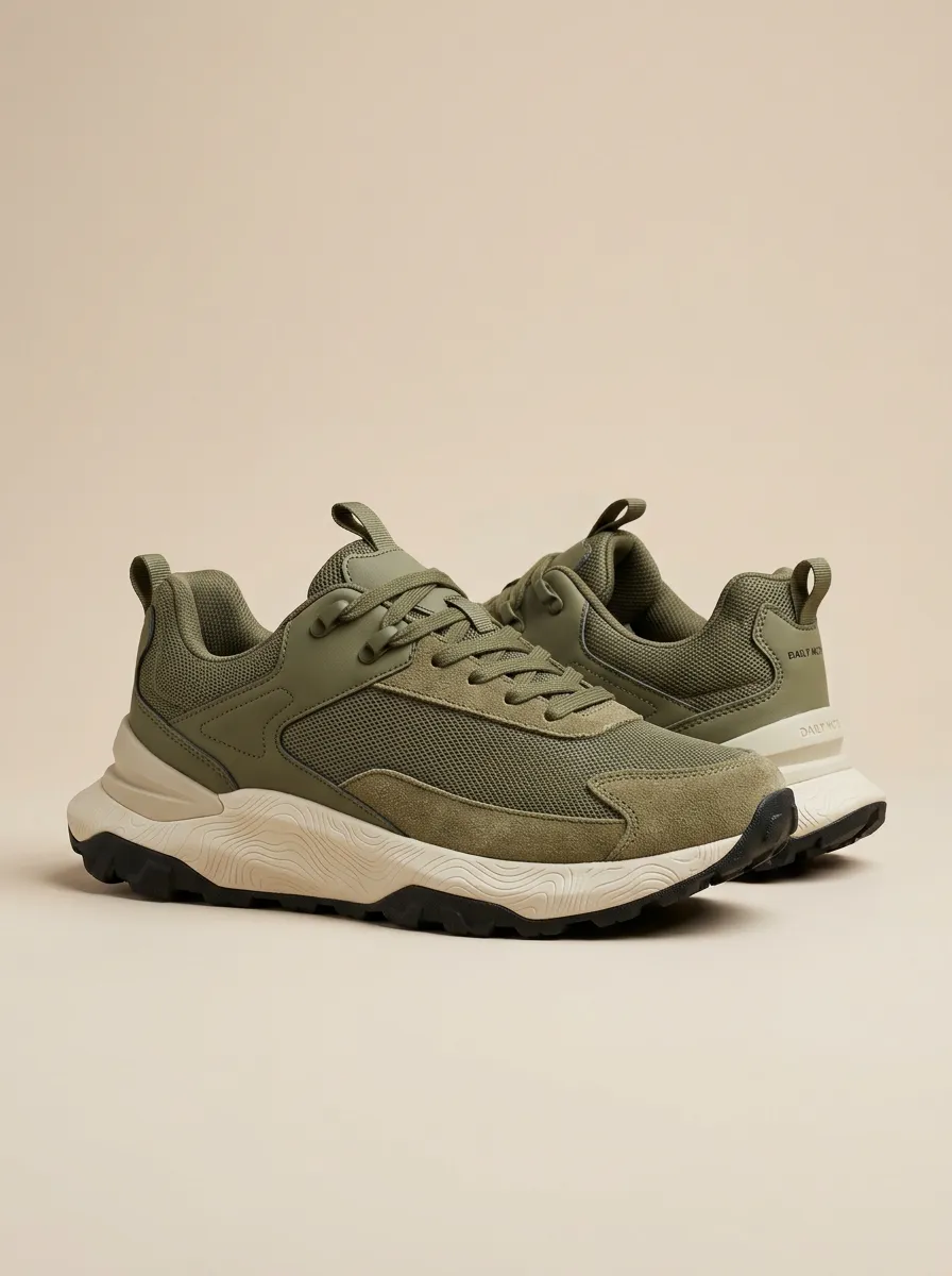 Trail-Inspired Suede-Panel Mesh-Panel Casual Sneakers