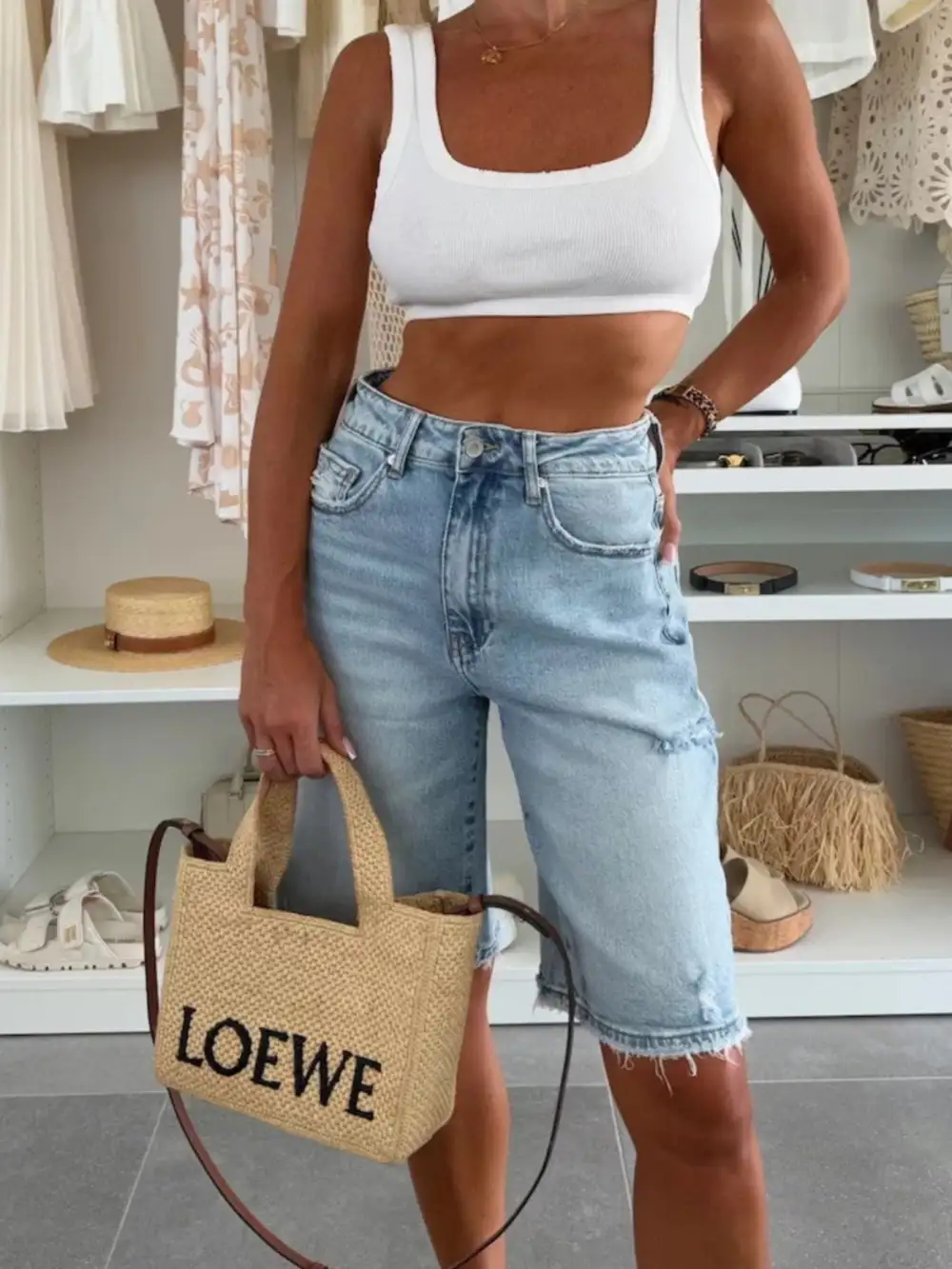 Relaxed Distressed High Waisted Denim Shorts
