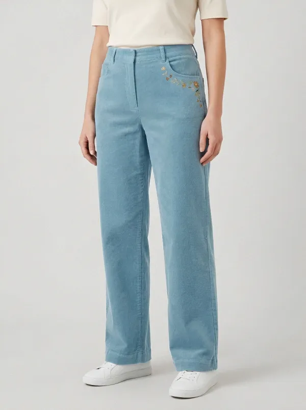 Women's Floral Embroidered Mid-Rise Straight-Leg Corduroy Pants