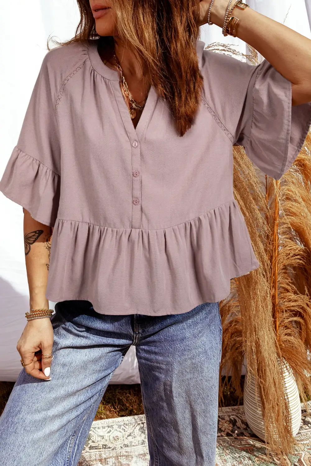 Sepia Rose Slit V Neck Ruffled Loose Blouse