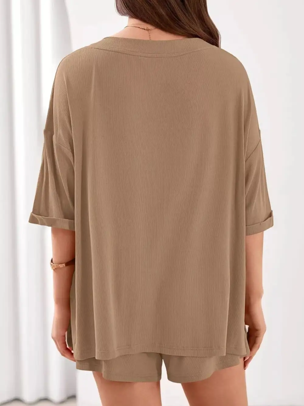 Casual Solid Color V Neck Top and Shorts Set