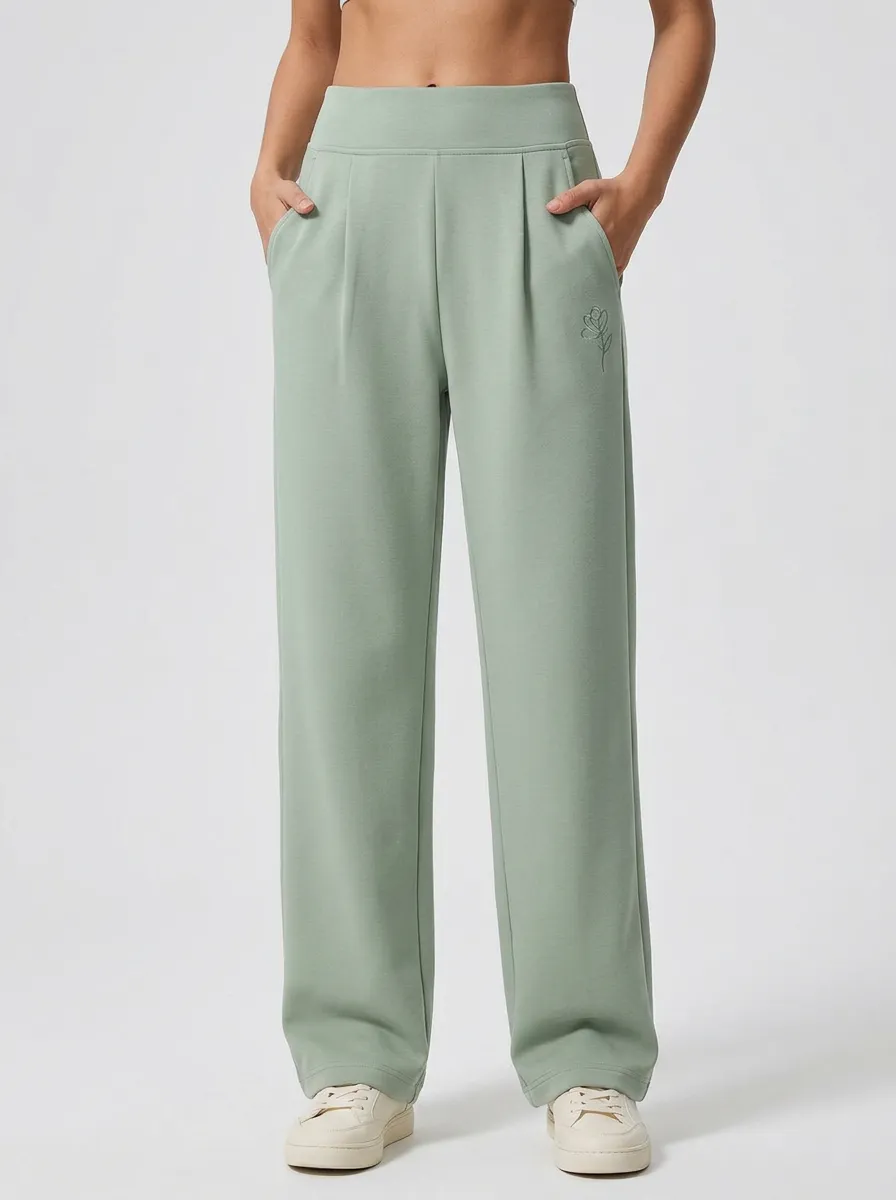 Women's Minimalist Sage Green Floral Embroidered Wide Leg Trousers
