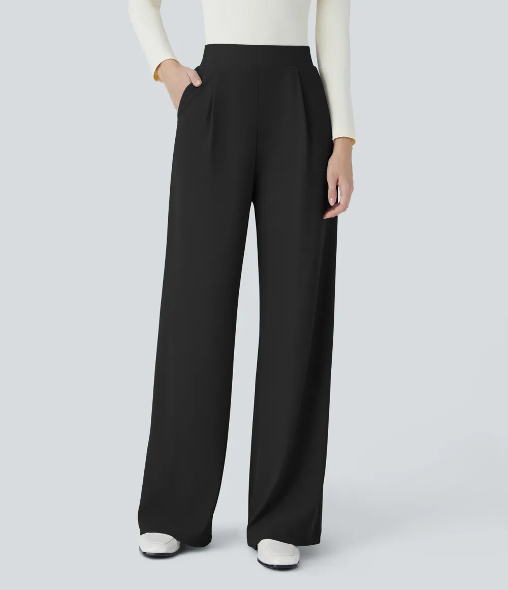  High Waisted Body Sculpt Waist-Slimming Side Pocket Wide Leg Micro Waffle Work Pants