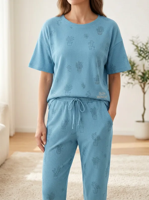 Plant Lover Potted Cactus Printed Waffle Knit Lounge Set