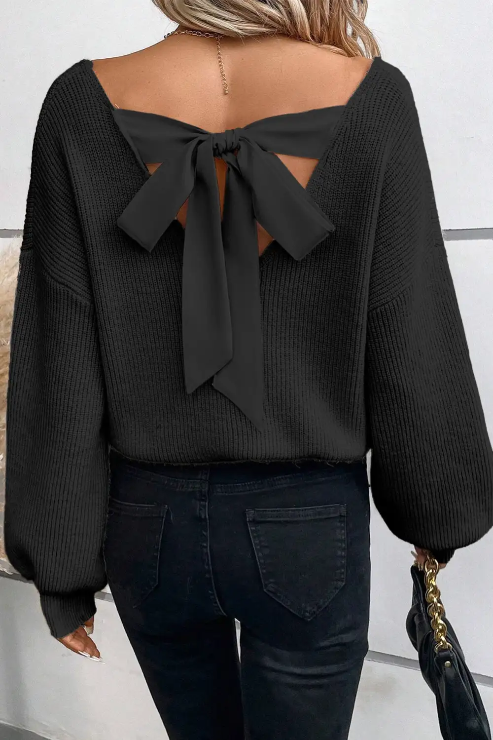Lantern Sleeve V Neck Knot Detail Sweater
