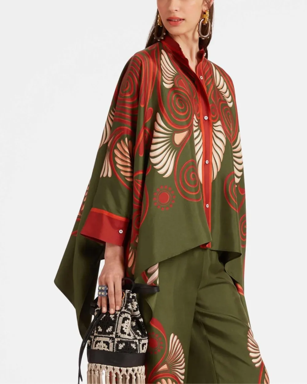 Peacock Wing Print Twill Blouse Set