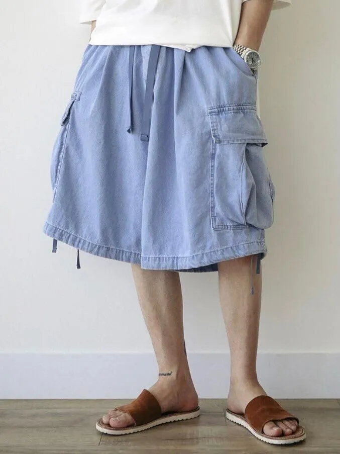 Wide Leg Denim Cargo Shorts