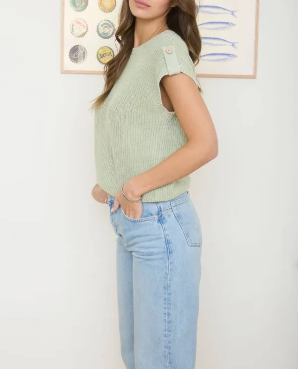 Acid-Washed Tab Sleeve Back-Button Knit Top